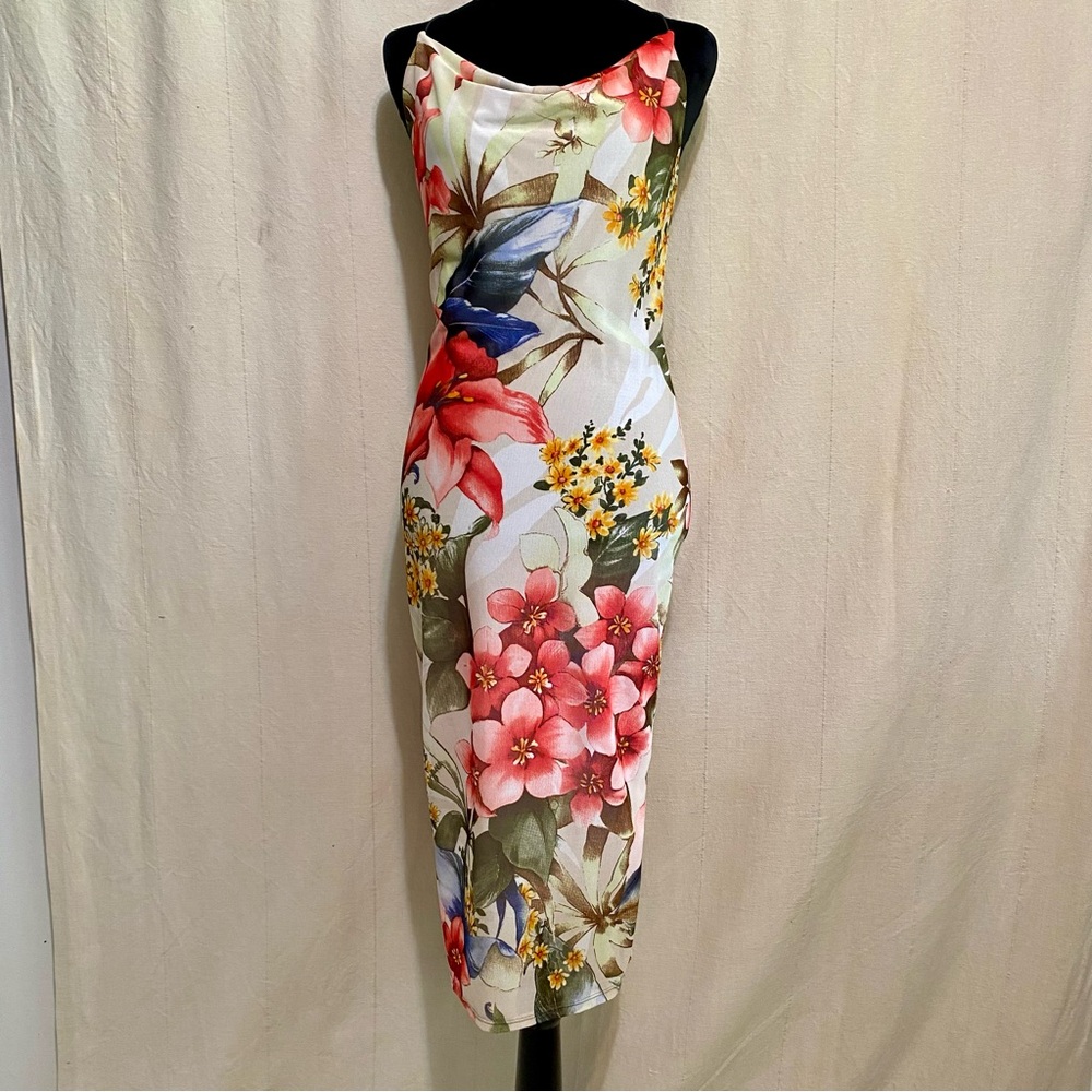 A'gaci Floral Sheath Midi Dress with Sleeveless Draped Neck